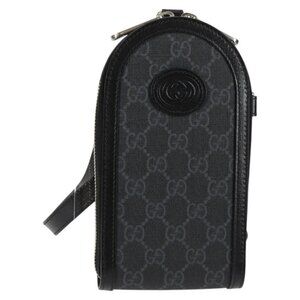 GUCCI GG Supreme Phone Holder Shoulder Bag PVC Black Silver 724357 Auth sw385AM
